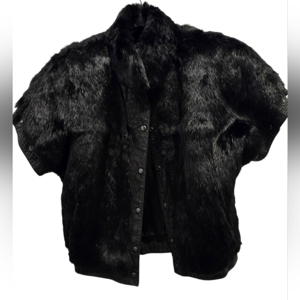 Chosen Furs Fully Lined  Rabbit‎ Fur Black & LeatherVest Small Fur Origin France